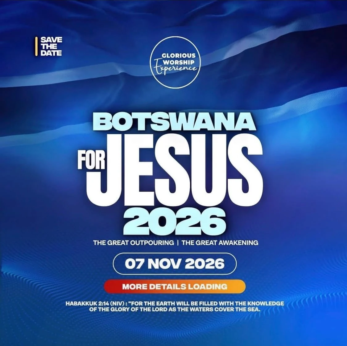 Botswana for Jesus 2026 event poster: The Great Outpouring, The Great Awakening, 7 November 2026.