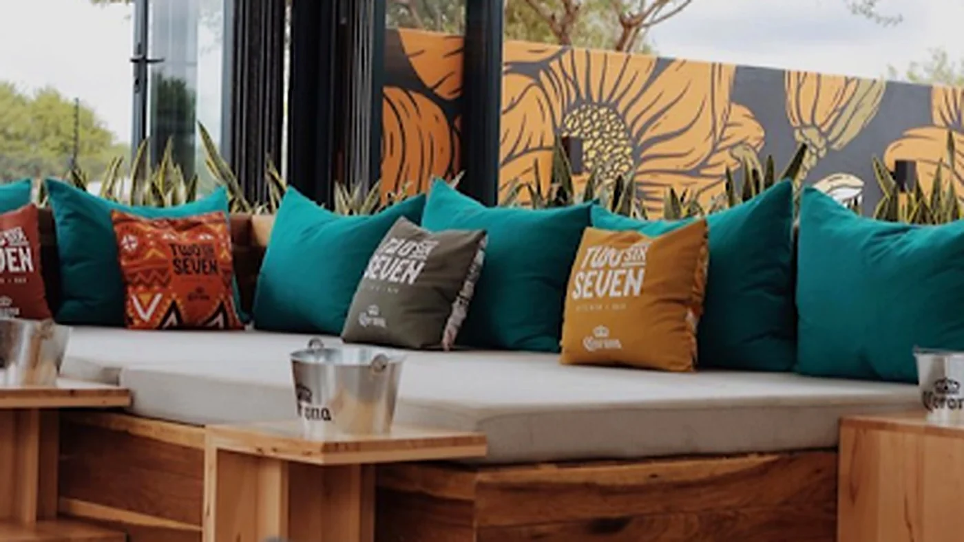 Seating at Two Six Seven restaurant in Gaborone.